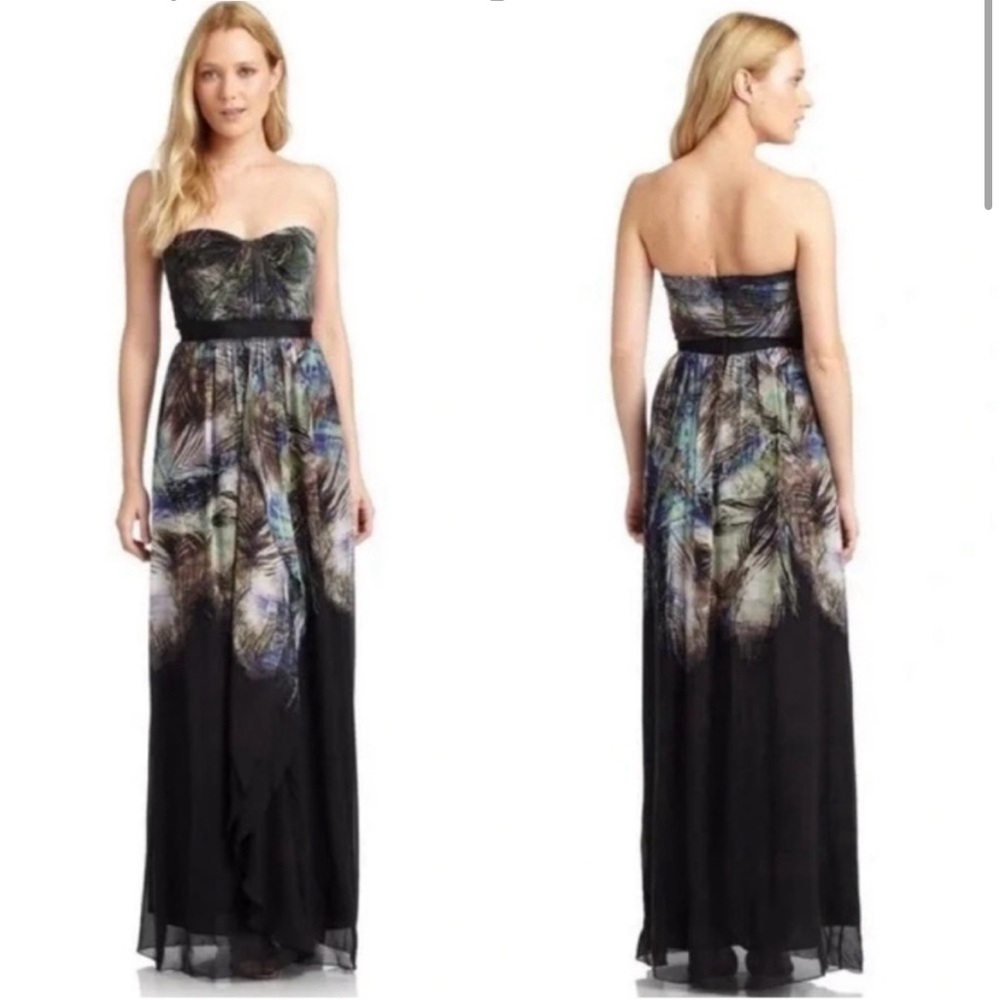 BCBG MAXAZRIA Peacock Style Boho Flowy Tae Silk Lined Maxi Tube Dress Size 10